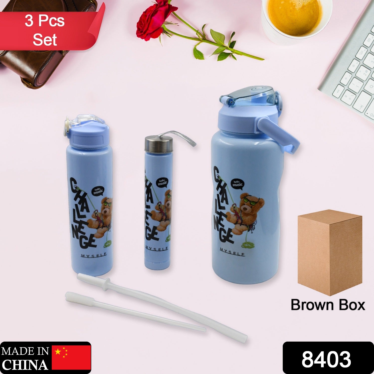 Plastic Water Bottle 3pc Set,3  Different Size Bottle High Quality Water Bottle Plastic Water Bottle BPA-Free & Leak-Proof!  Cartoon Printed Design for Kids' School, For Fridge, Office, Sports, School, Gym, Yoga (3 Pc Set) Eshaan Traders