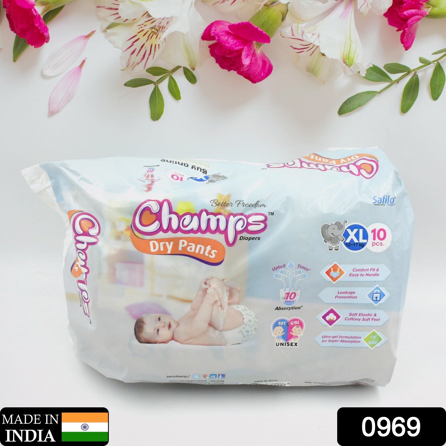 0969 Baby Diaper High Absorbent Pant Diapers,  Champs Soft and Dry Baby Diaper Pants Xl  10 Pcs (Extra Large , XL10 Pieces) Eshaan Traders