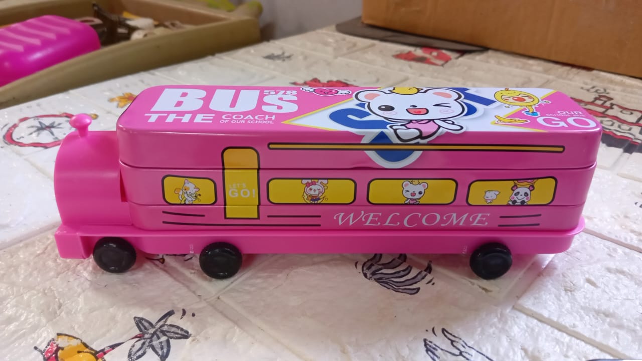 4672  Double Decker Magic Bus Compass 2 Layer Metal Bus Compass Pencil Case with Movable Wheels & Sharpener Bus Shape with Tiers Metal Pencil Box for Kids Birthday Party Eshaan Traders