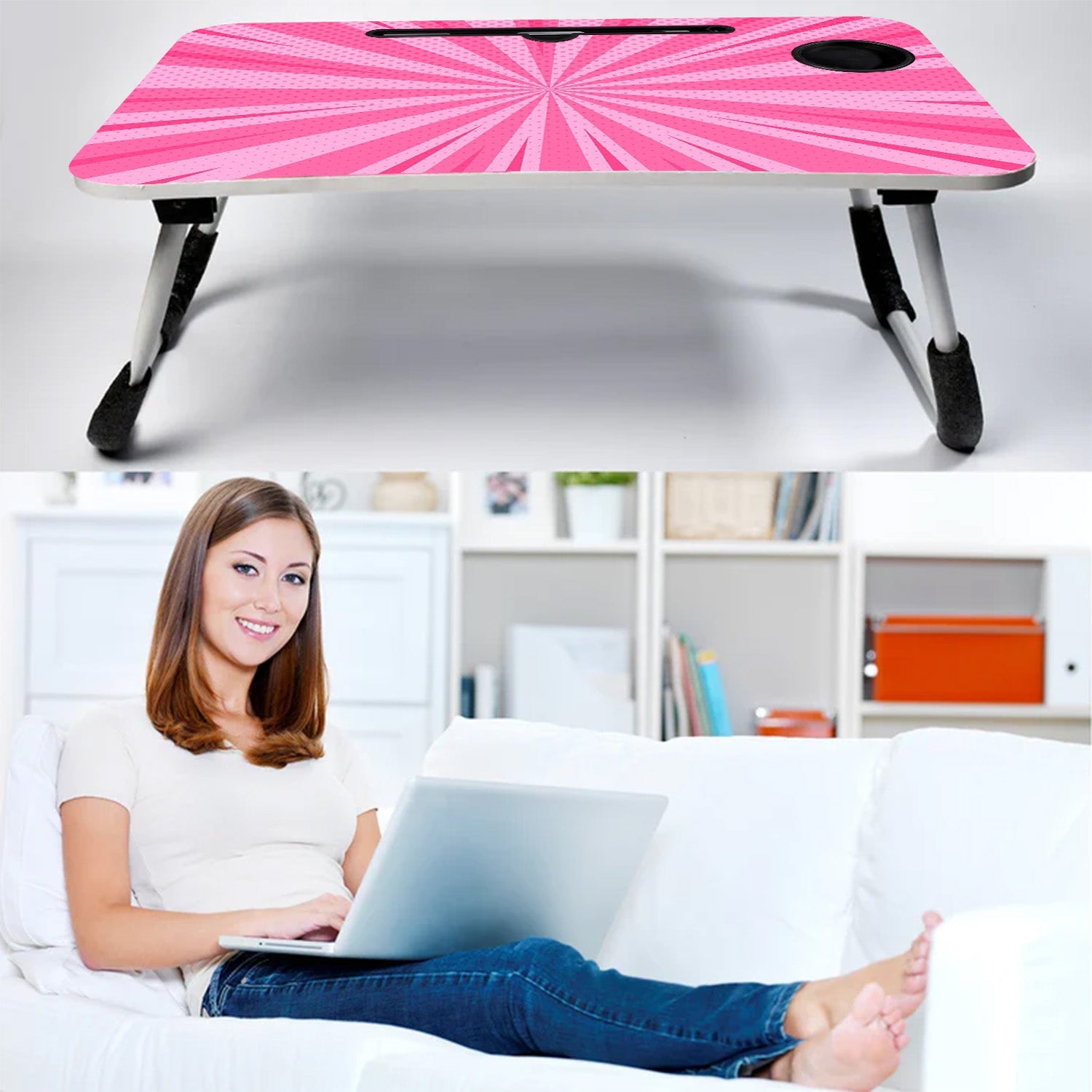 7694 Barbie Design Foldable Bed Study Table Portable Multifunction Laptop Table Lapdesk for Children Bed Foldable Table Work Office Home with Tablet Slot & Cup Holder Eshaan Traders