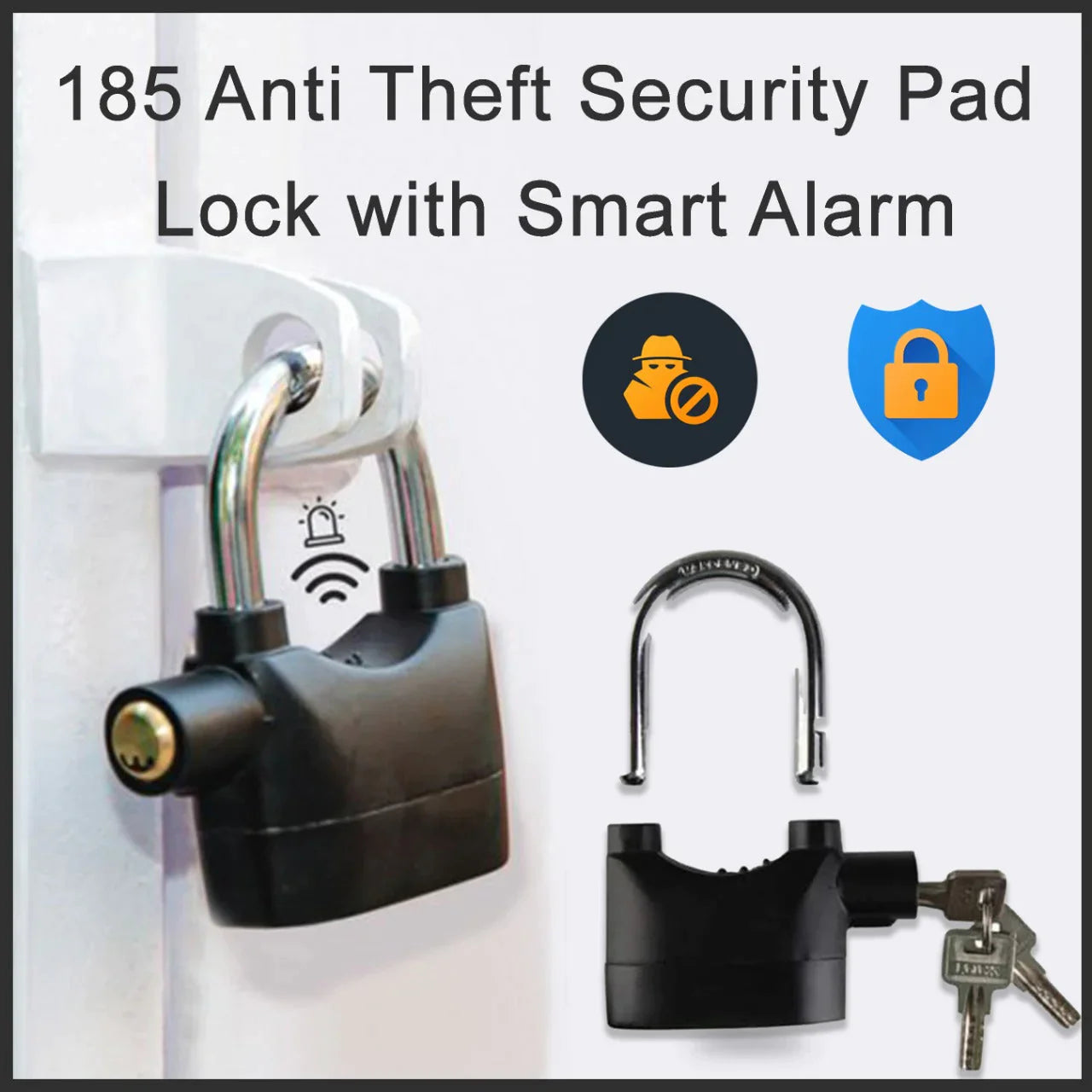 0185a Security Alarm Lock System | Waterproof Black Anti-theft Siren 110dba alarm anti Padlock FoR Bike|Door Window|Battery  padlock Eshaan Traders