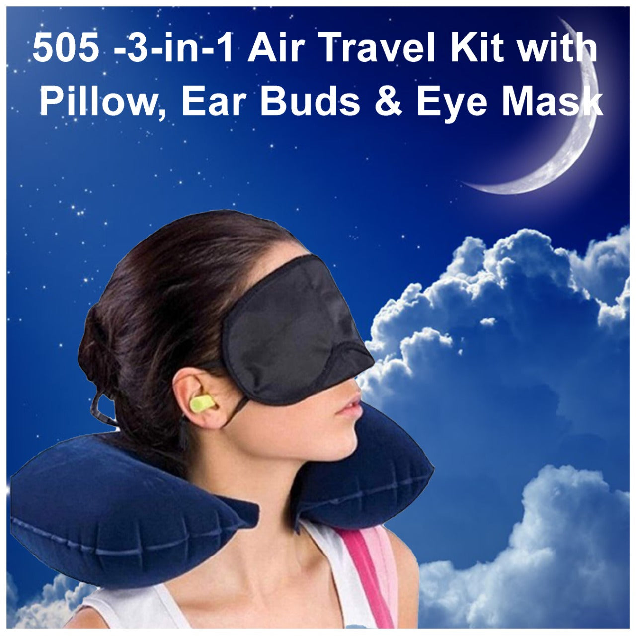 505 -3-in-1 Air Travel Kit with Pillow, Ear Buds & Eye Mask Eshaan Traders WITH BZ LOGO