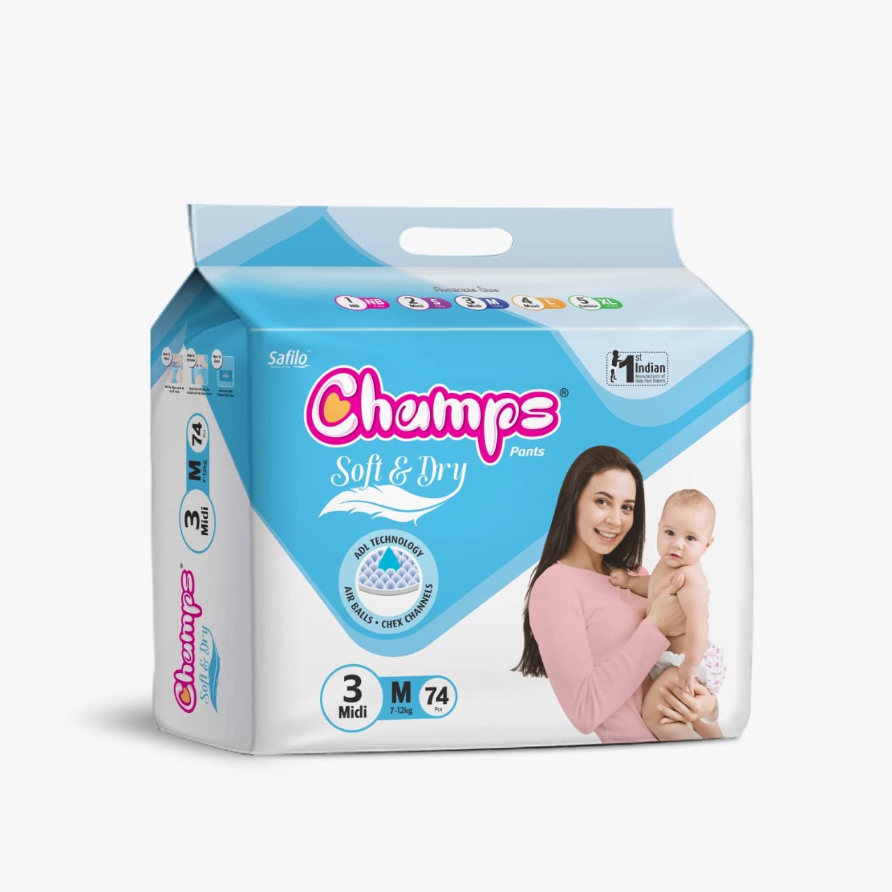 0959 Champs Soft and Dry Baby Diaper Pants 74 Pcs (Medium Size  M74) Eshaan Traders