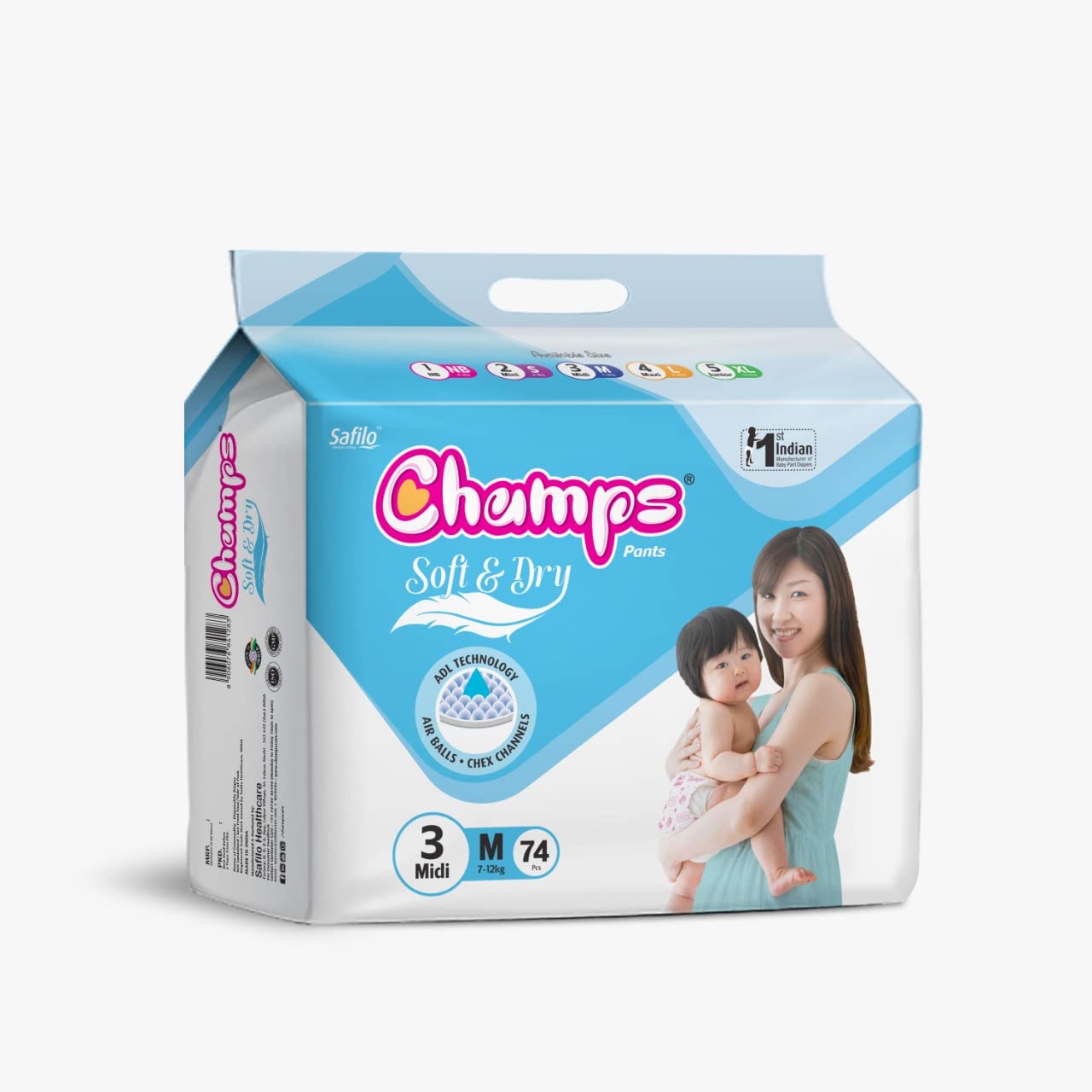 0959 Champs Soft and Dry Baby Diaper Pants 74 Pcs (Medium Size  M74) Eshaan Traders