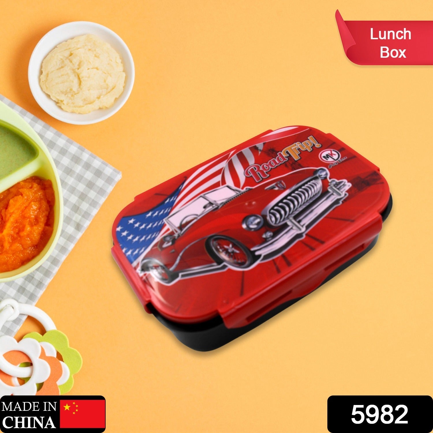 5982 Beautiful Car Design Printed Plastic Lunch Box With Inside Small Box & Spoon for Kids, Air Tight Lunch Tiffin Box for Girls Boys, Food Container, Specially Designed for School Going Boys and Girls Eshaan Traders