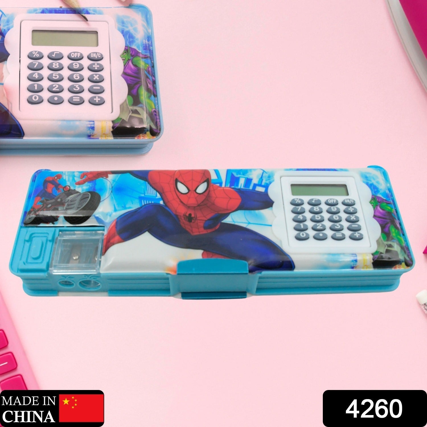 4260 Art & Stationery Cartoon Multi-functional Geometry Box for Boys with Inbuilt Calculator, 2 Sides Open and Double Sharpener Stationery Kit Pencil Box for Boys Art Plastic Pencil Box  for Girls and Boys Eshaan Traders