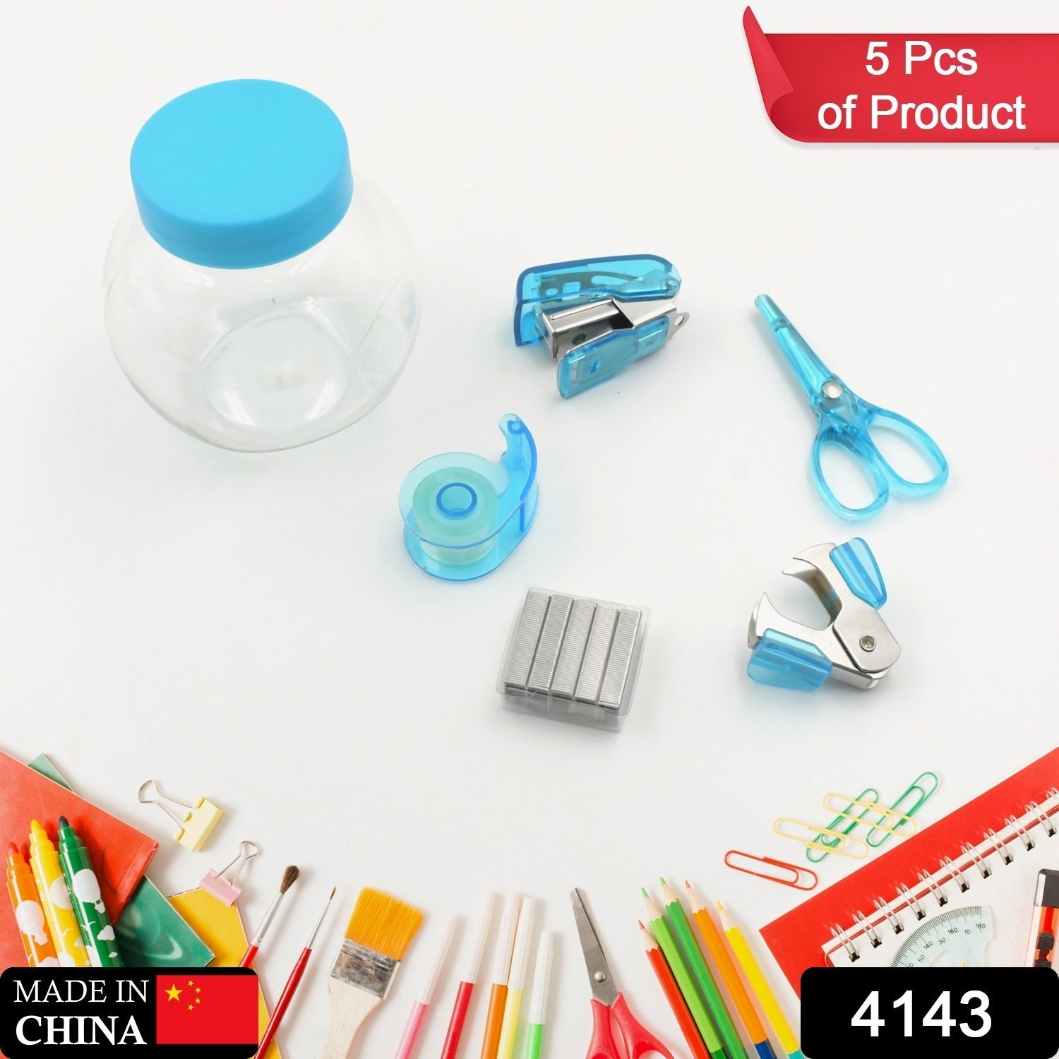 4143 Mini Office Stationery Set, Including Stapler, Scissors, Paper Clips, Tape Dispenser, Transparent Tape, And Staples Eshaan Traders