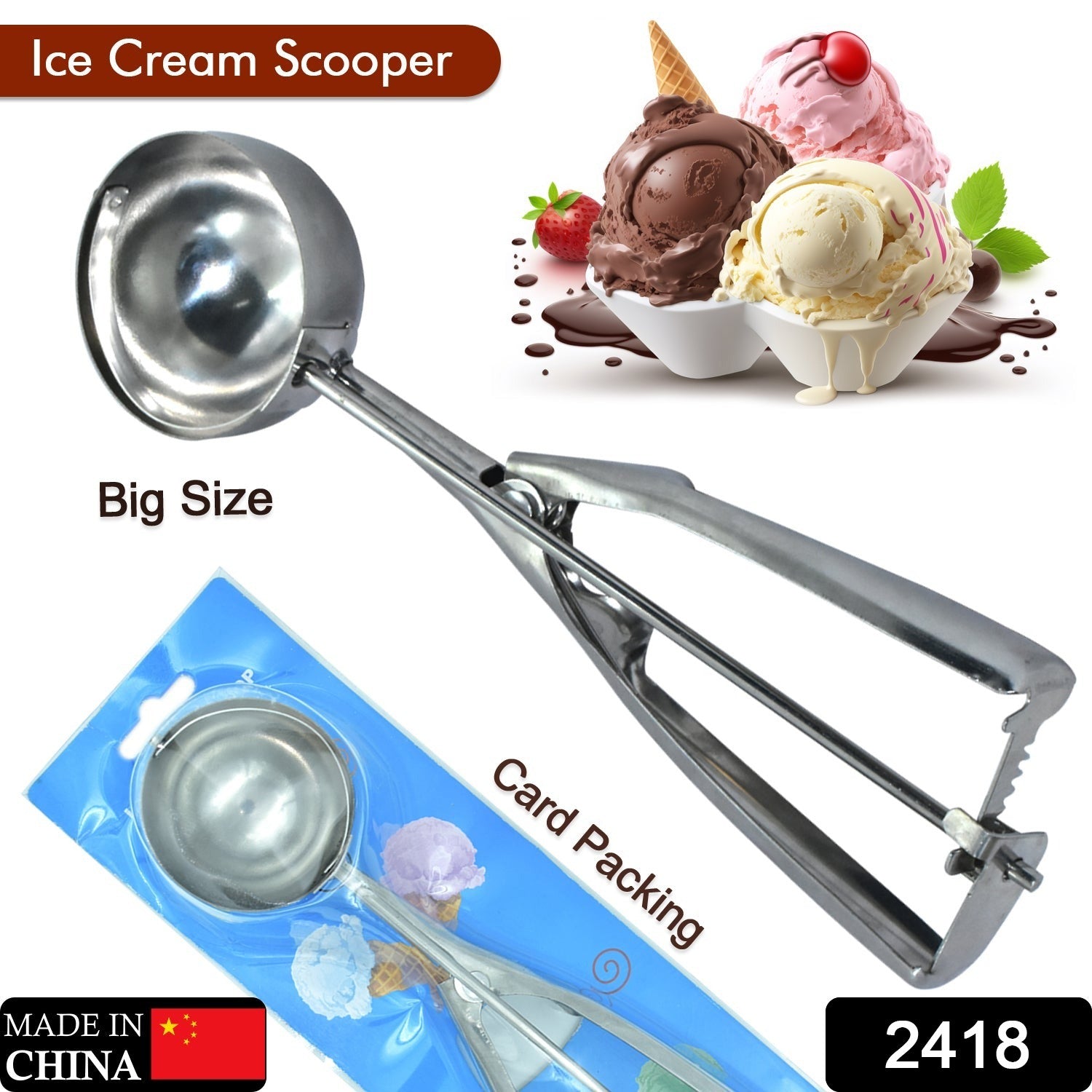 2418 Ice Cream Serving Scoop | Stainless Steel Premium Quality Ice Cream Serving Spoon Scooper with Trigger Release Eshaan Traders