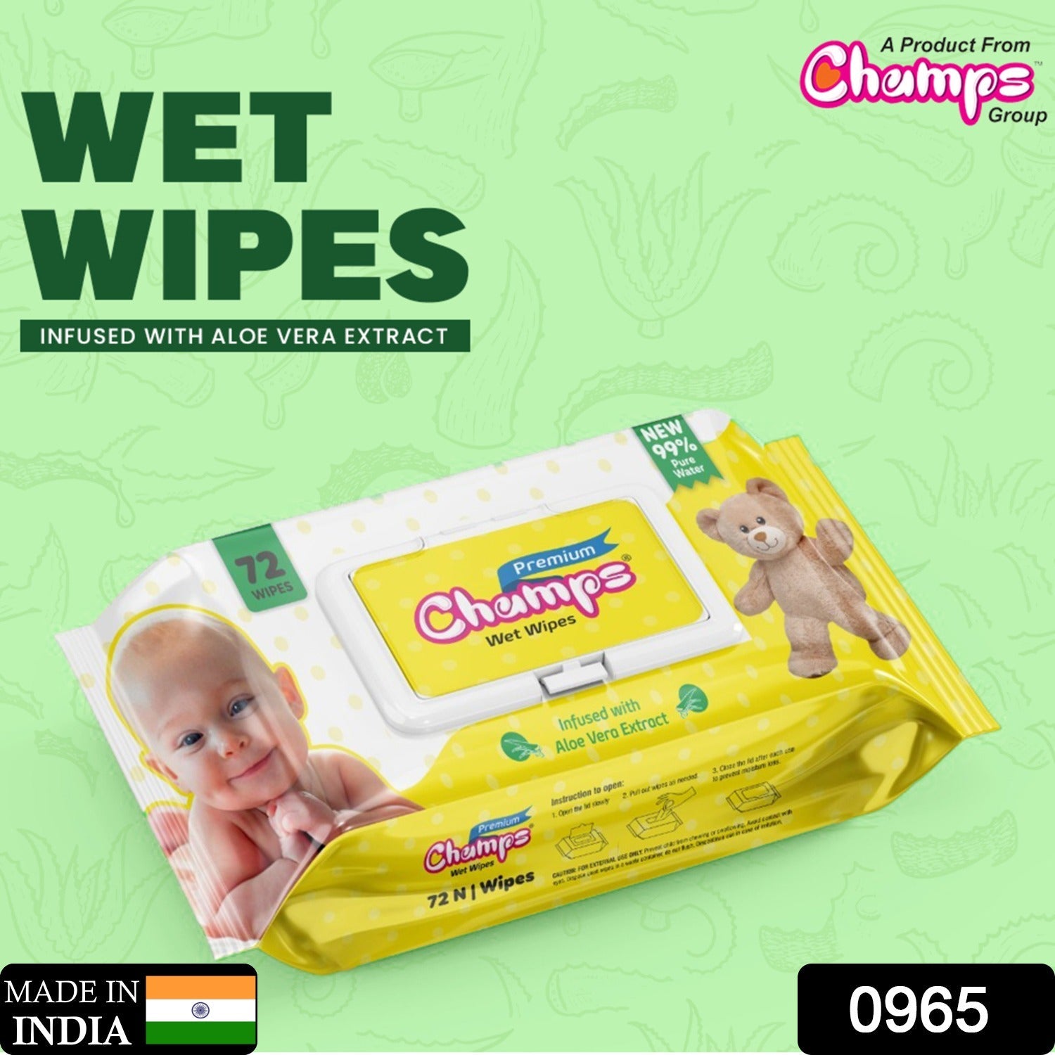 0965 Champs Premium Wet Wipes Infused With Aloe Vera Extract Wet Wipes (72 N Wipes ) Eshaan Traders