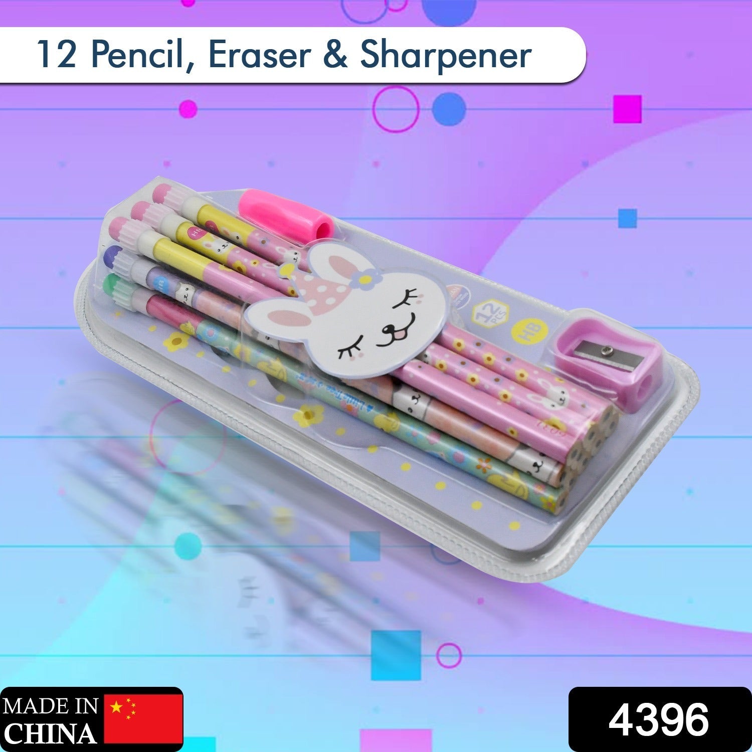 4396 Cute Rabbit Bear Drawing Graphite Writing Pencil Set with Pencil Sharpener & Eraser, Pencil and Eraser Set with Eraser for Kids, for Girls, Fancy School Stationary, Birthday Party Return Gift (14 Pc Set) Eshaan Traders