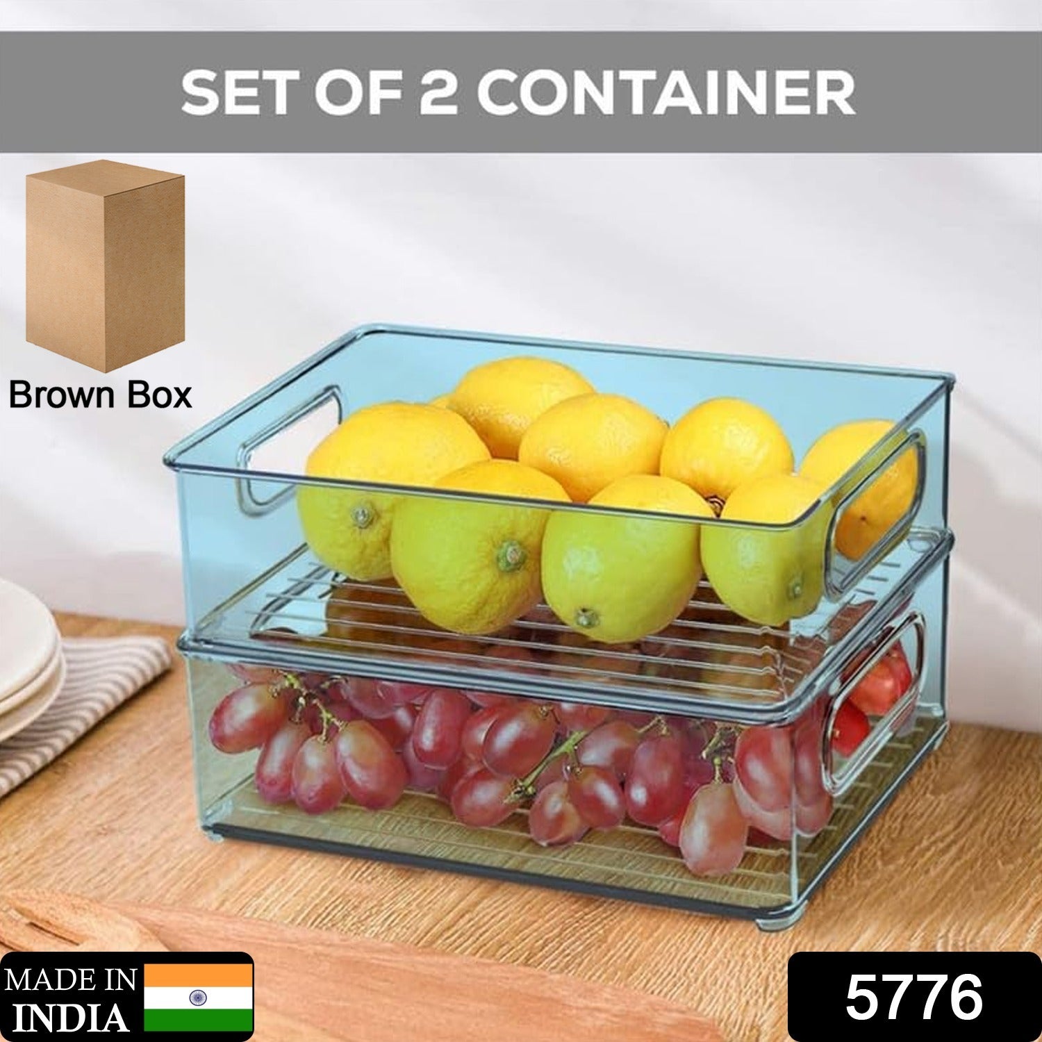 5776 Plastic Refrigerator Organizer Bins, Set Of 2 Stackable Fridge Organizers with Handle, Clear Organizing Food Fruit Vegetables Pantry Storage Bins for Freezer kitchen Cabinet Organization and Storage (2 Pcs Set Mix Color) Eshaan Traders