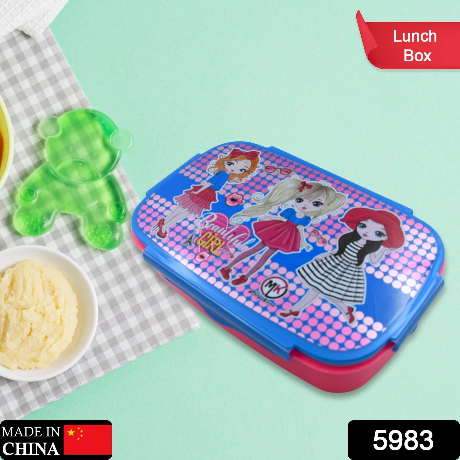 5983 Cartoon Printed Plastic Lunch Box With Inside Small Box & Spoon for Kids, Air Tight Lunch Tiffin Box for Girls Boys, Food Container, Specially Designed for School Going Boys and Girls Eshaan Traders