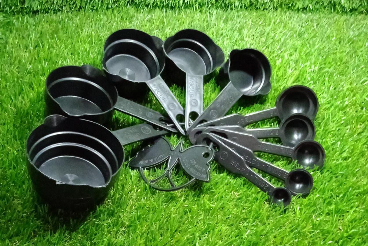 2646 Plastic Measuring Cups and Spoons (11 Pcs, Black) With butterfly shape Holder Eshaan Traders