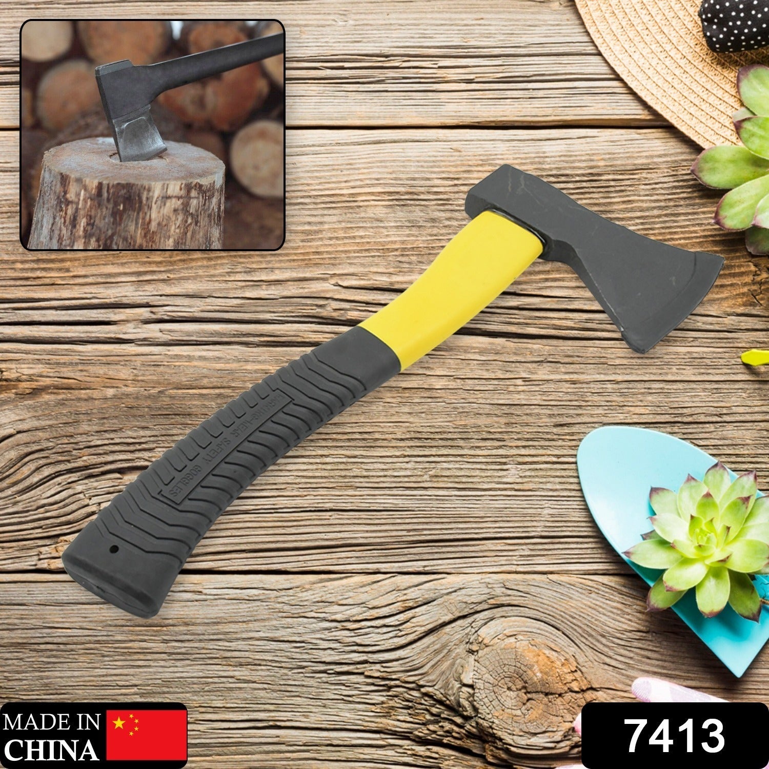 7413 Gardening Tools Hatchet Axe Fiberglass Body Rubberized Handle Wood Cutting Axe, Camping Axe, Safety Axe, Pick Axe (972 Gm) Eshaan Traders