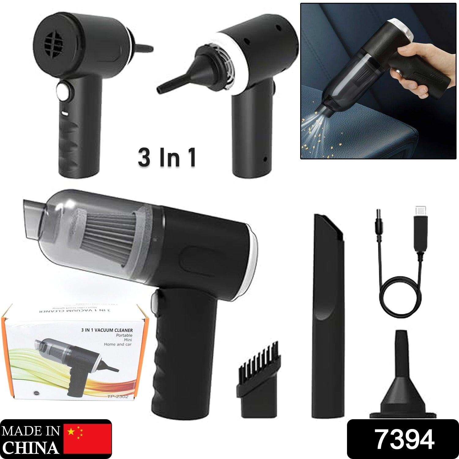 7394 3 in 1 Car Mini Vacuum Cleaner with Blower Wireless Portable Rechargeable Handheld High Power Suction Vacuum Cleaning Machine for Home Car Computer Keyboard Cordless Air Blowing Dusting Eshaan Traders