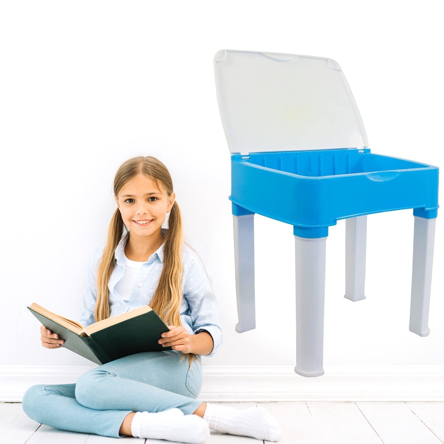 4594 Study Table And Chair Set For Boys And Girls With Small Box Space For Pencils Plastic High Quality Study Table (Blue) Eshaan Traders