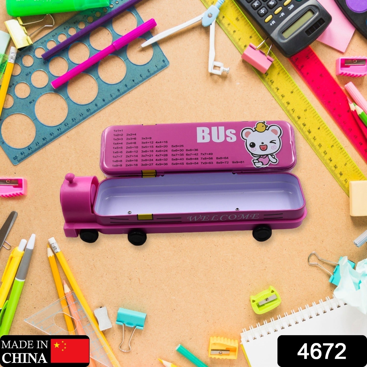 4672  Double Decker Magic Bus Compass 2 Layer Metal Bus Compass Pencil Case with Movable Wheels & Sharpener Bus Shape with Tiers Metal Pencil Box for Kids Birthday Party Eshaan Traders