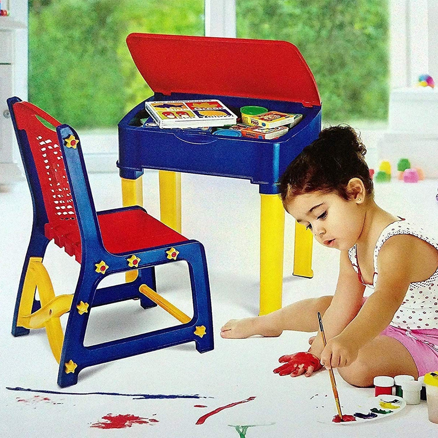 4639 Study Table And Chair Set For Boys And Girls With Small Box Space For Pencils Plastic High Quality Study Table (Red/Blue/Yellow) Eshaan Traders